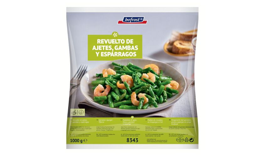Salteados de verduras - Revuelto de ajetes, gambas y esp&aacute;rragos