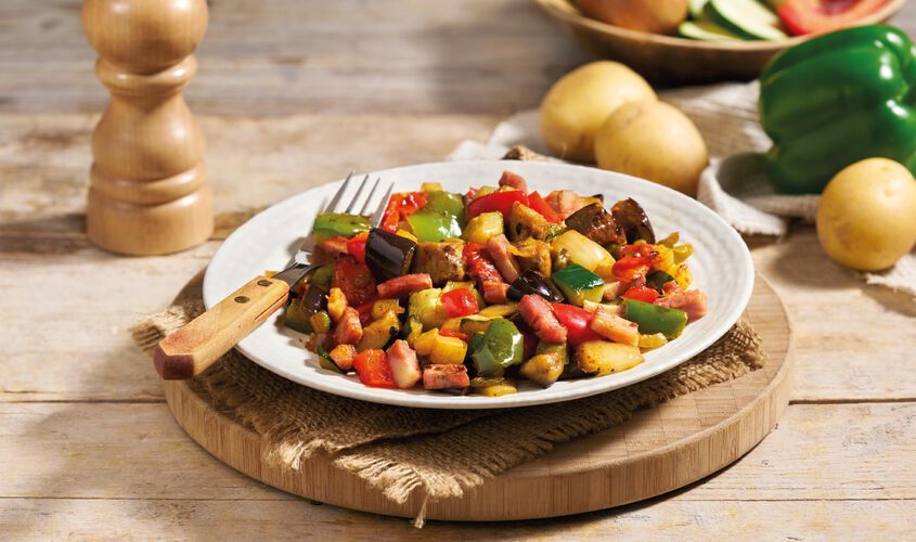 Salteados de verduras - Saltat de verdures rostides i bacó