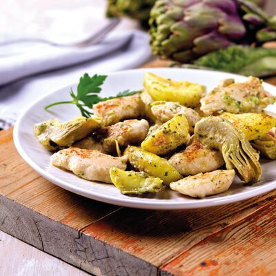 Salteados - Salteado de pollo, patatas y alcachofas