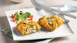 Especialidades - Pasta de full amb pollastre, porro i bac&oacute;