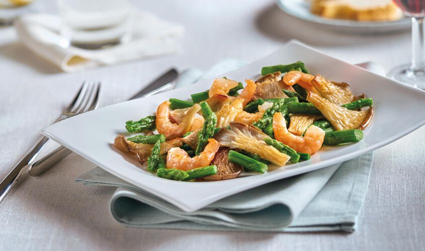 Salteados de verduras - Remenat de bolets, gambes i esp&agrave;rrecs