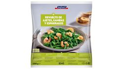 Salteados de verduras - Revuelto de ajetes, gambas y espárragos
