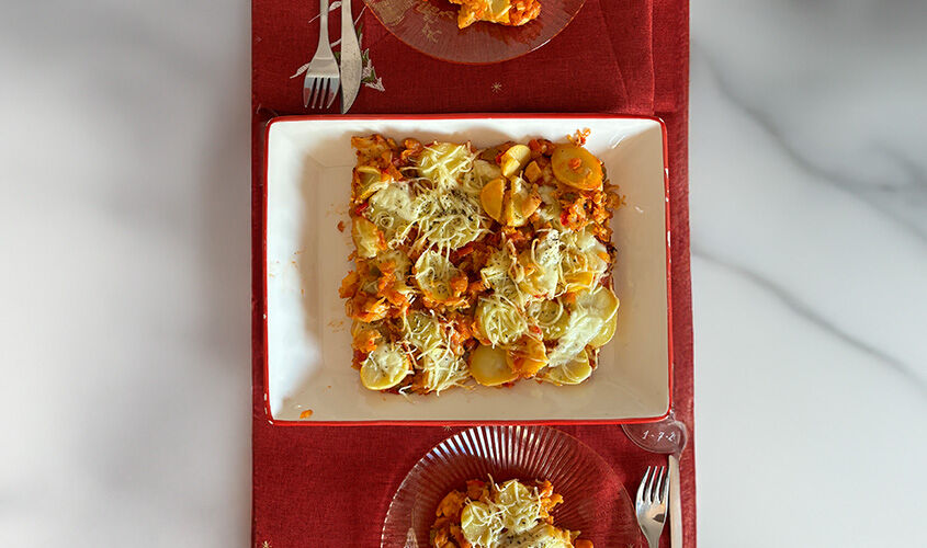 Pasta de patata gratinado con carne "creada por @saludableandrea"