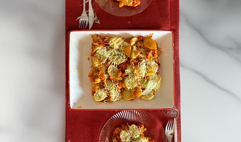 Pasta de patata gratinado con carne "creada por @saludableandrea"
