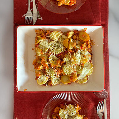 Pasta de patata gratinado con carne "creada por @saludableandrea"