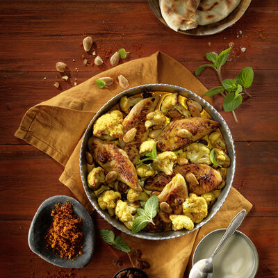 Coliflor oriental al horno con filetitos de pollo y pan naan