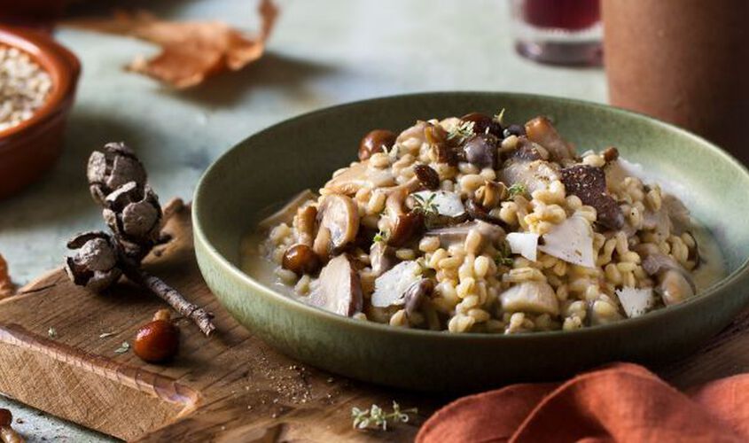 Risotto amb ordi, bolets, farigola i ricotta