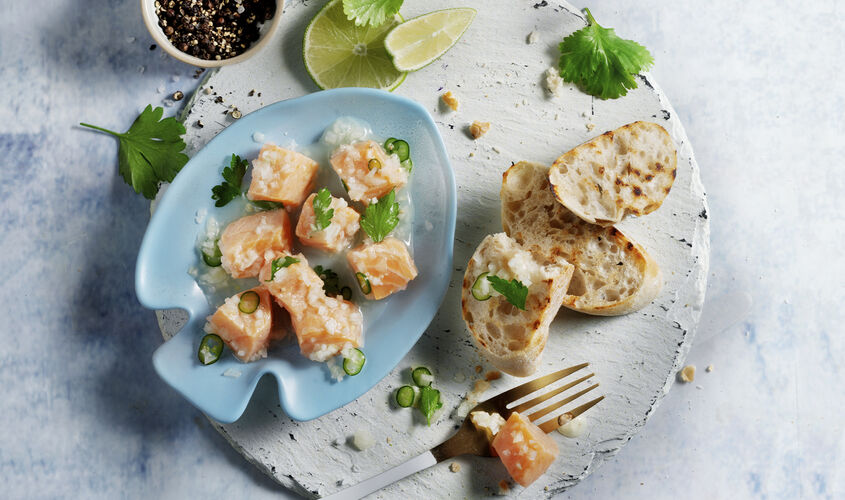 Ceviche de salm&oacute;n en tostas crujientes