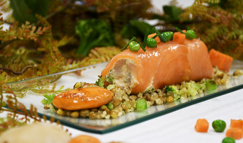 Canelón de salmón con crema de vieiras 